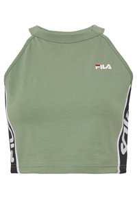 Green cropped tank top made of soft, stretchy fabric. Features a rounded neckline, armholes, and side logos in black and white.