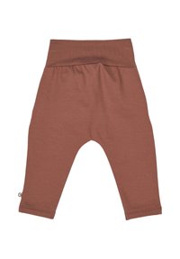 Bruine katoenen babyleggingen in een blend met een elastische tailleband, taps toelopende benen en minimale stikseldetails. Zachte textuur, eenvoudig ontwerp.