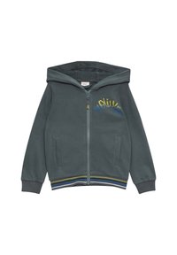 Reißverschluss-Hoodie aus dunkelgrauer Baumwolle mit einem grünen und blauen Logodesign, seitlichen Taschen sowie gestreiftem Rippbund und -manschetten.