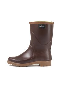 Bruine rubberen regenlaars met een gladde afwerking, ronde neus en een tan accent aan de bovenkant. Getextureerde zool voor grip. Merkenlogo weergegeven.