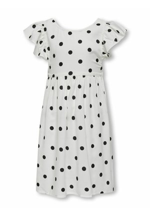 Vestido blanco con lunares negros, con mangas cortas con volantes y una cintura fruncida, hecho de una tela ligera.
