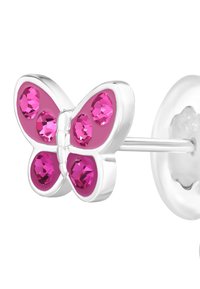 Zilveren vlinderoorbellen met roze emaille en roze edelstenen, voorzien van een glanzende afwerking en een postback ontwerp.