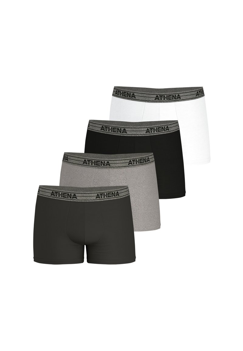 Ensemble de quatre boxers en noir, blanc, gris et gris foncé. Comprend une ceinture douce avec le logo "ATHENA" et une coupe ajustée.