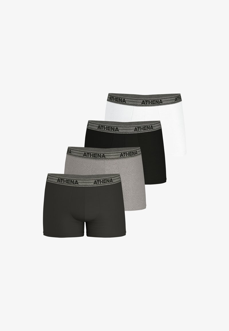 Ensemble de quatre boxers en noir, blanc, gris et gris foncé. Comprend une ceinture douce avec le logo "ATHENA" et une coupe ajustée.