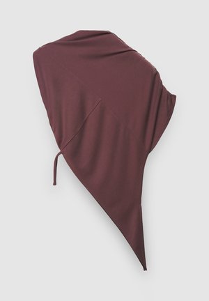 Fazzoletto da testa bordeaux in tessuto morbido, caratterizzato da una forma triangolare con un laccio pendente e una superficie liscia. Design semplice senza motivi.