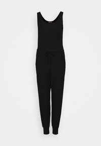 Czarny prążkowany kombinezon z okrągłym dekoltem, dopasowanym korpusem, sznurkiem w talii i zwężanymi mankietami na kostkach. Wykonany z miękkiego, elastycznego materiału.