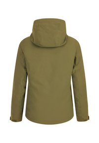 Olivovo zelená bunda s kapucňou a dlhými rukávmi, s nastaviteľnými zápästnými popruhmi a mierne zakriveným spodným lemom, zobrazená zozadu.