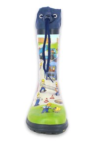Botte de pluie en caoutchouc avec un thème de construction coloré, présentant des ouvriers de dessin animé, des véhicules et des cônes de signalisation ; partie supérieure bleu marine et base verte.