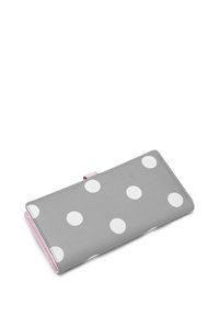 Gray wallet with large white polka dots, pink accent, smooth texture, rectangular design, and top snap closure.