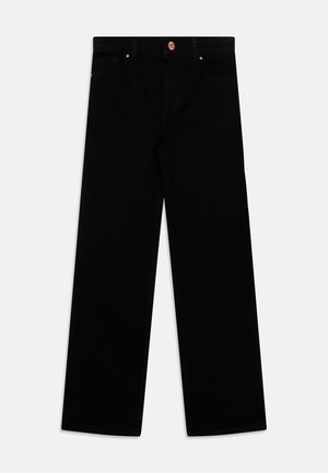 Svarte vide jeans med klassisk fem-lomme design, med kobberfarget knapp og nagler, laget av denimstoff.