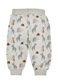 Helle graue Baumwoll-Jogginghosen mit Tiermotiven, die Elefanten, Zebras, Tiger und Schildkröten zeigen. Mit Bündchen am Fuß und elastischem Bund.