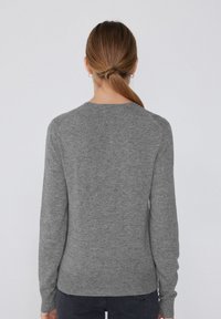Grauer Strickpullover mit langen Ärmeln und rundem Halsausschnitt. Mit einer glatten Textur und geripptem Saum, von hinten gezeigt.