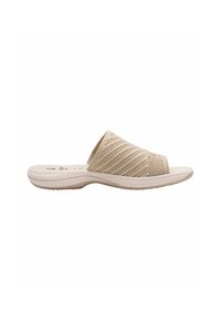 Sandale à glisser beige avec une tige structurée présentant une texture perforée, un design à bout ouvert et une semelle légère et rembourrée.