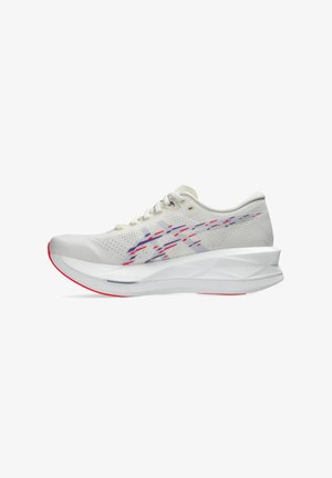 White athletic running shoe with red and purple accents, thick cushioned sole, and breathable mesh upper, viewed from the side.