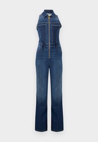 Μπλε αμάνικο ολόσωμο τζιν με φερμουάρ μπροστά, ραφές σε στυλ κορσέ στο στήθος, γιακά, θηλιές για ζώνη και παντελόνι με ίσια γραμμή.