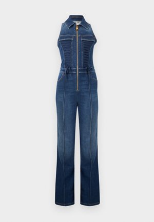 Zils džinsa kombinezons bez piedurknēm ar priekšpuses rāvējslēdzēju, korsetes stilā rievots krūtīs, apkakli, jostas cilpām un taisnām biksēm.