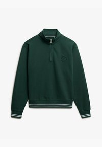 Donkergroen zip-up sweatshirt met een hoge kraag, ribgebreide boorden en zoom, voorzien van witte gestreepte accenten en een geborduurd logo op de borst.