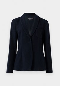 Sacou croit închis navy, croit din țesătură texturată, cu guler tip șal, mâneci lungi și un singur buzunar pe piept, etichetat Emporio Armani ICON.