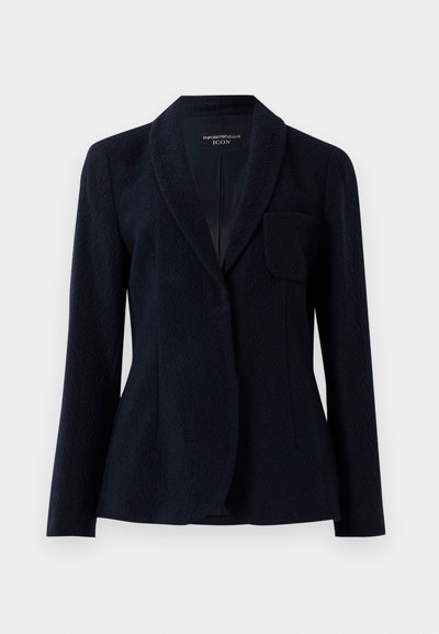 Tummansininen räätälöity takki, jossa on teksturoitu kangas, shaali-kaulus, pitkät hihat ja yksi rintatasku, merkitty Emporio Armani ICON.