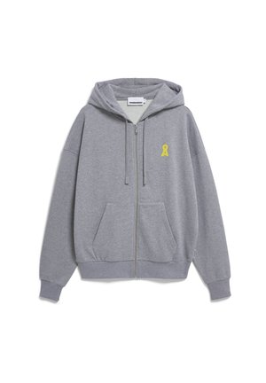 Sweat à capuche gris clair zippé, avec capuche, poches à l'avant, poignets côtelés et petit logo jaune sur le côté gauche de la poitrine.