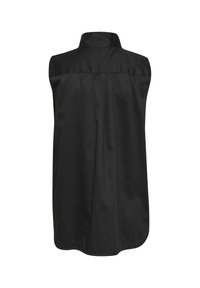Maglietta nera senza maniche con colletto alto, tessuto liscia e vestibilità larga con orlo arrotondato, che mostra un design semplice e pulito.