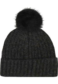 Mustard värvitud kootud beanie, millel on soonikkoes ja pehme pom-pom üleval. Materjal näib olevat paks ja soe, sobides külma ilma jaoks.