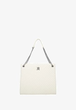 Borsa a tracolla bianca trapuntata con manici a catena in argento, caratterizzata da un monogramma "JR" sul davanti. Texture liscia e forma rettangolare strutturata.