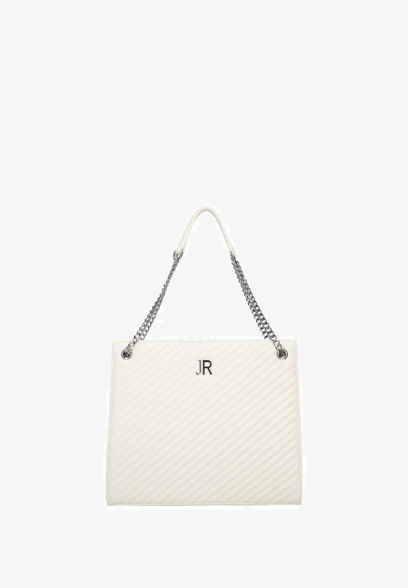 Bílá prošívaná taška přes rameno se stříbrnými řetízkovými úchyty, na přední straně s monogramem "JR". Hladká textura a strukturovaný obdélníkový tvar.