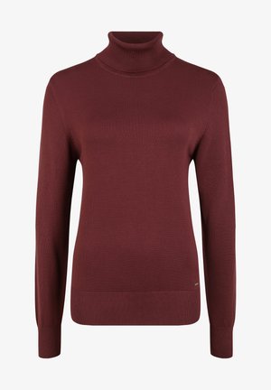 Burgunderrød genser med høy hals laget av ribbestrikket stoff, med lange ermer og en tettsittende design, som har et lite merke ved kanten.