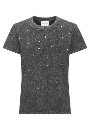 Gray short-sleeve t-shirt with a soft texture. Features scattered rhinestone embellishments for added detail. Crew neckline.