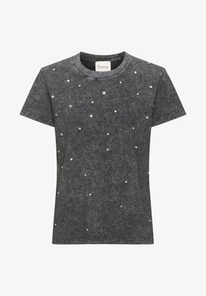 Graues T-Shirt mit kurzen Ärmeln und einer weichen Textur. Verfügt über verstreute Strasssteine für zusätzlichen Detailreichtum. Rundhalsausschnitt.