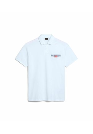 White polo shirt made of cotton, featuring a collar and short sleeves. Front left chest displays a printed logo in blue and red.