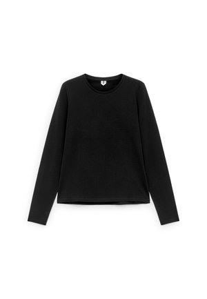 Zwart shirt met lange mouwen gemaakt van zachte stof. Heeft een ronde halslijn en een rechte snit zonder zichtbare patronen of accenten.