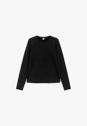 Schwarzes Langarmshirt aus weichem Stoff. Verfügt über einen runden Halsausschnitt und einen geraden Schnitt ohne sichtbare Muster oder Akzente.