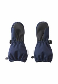 Granatowe rękawice z elastycznymi mankietami, ocieplanymi szarymi dłońmi oraz regulowanymi paskami zapewniającymi pewne dopasowanie, z gładkiego, wodoodpornego materiału zewnętrznego.