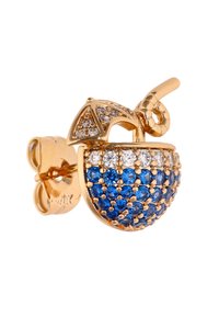 Náušnice ve zlaté barvě ve tvaru žaludu, zdobené modrými a průhlednými krystaly. Základna má strukturovaný povrch a pevné zapínání.