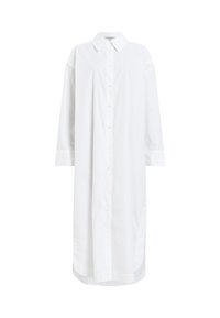 Vestito camicia bianco con maniche lunghe, colletto a punta e taglio dritto. Realizzato in tessuto morbido, presenta un design fino al ginocchio.