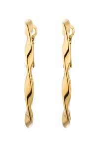 Goldfarbene, gedrehte Metallohrringe mit glänzender Oberfläche. Schlankes, längliches Design mit sanften Kurven und einer einzigartigen Form.