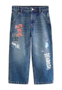 Ikke valgt, varsity all over print mid blue denim