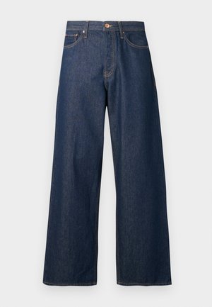 Jeans de pierna ancha hechos de mezclilla oscura con costuras naranjas, con cinco bolsillos, cierre frontal de botones y una silueta recta.