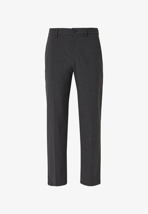 Pantalon pour homme gris foncé, ajusté, avec passants de ceinture, bouton à l'avant et fermeture éclair, coupe droite.