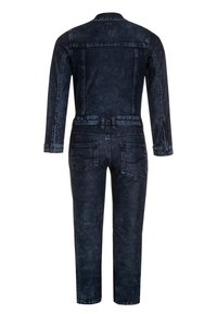 Dark blue denim jumpsuit with long sleeves, buttoned cuffs, back pockets, and belt loops, shown from the back on a white background.