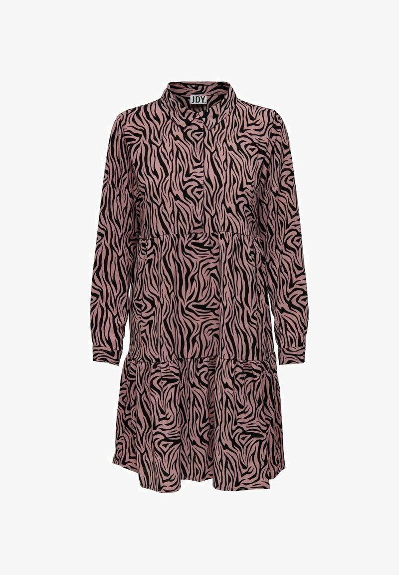 Robe à manches longues rose avec des rayures zèbre noires, dotée d'un col, d'un design à volants et d'une texture de tissu douce.