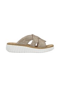 Beige slide sandal featuring a textured crossband design, a cushioned insole, and a ridged white sole for traction.