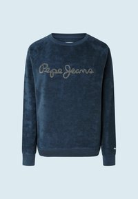 Blue fleece sweatshirt with raglan sleeves, featuring metallic "Pepe Jeans" logo across the chest and ribbed cuffs and hem.