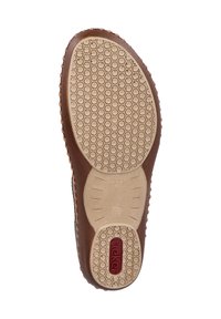 Suela de zapato de goma marrón con un patrón de superficie hexagonal. Presenta un logotipo en rojo y tamaño "37". Textura suave con bordes redondeados.