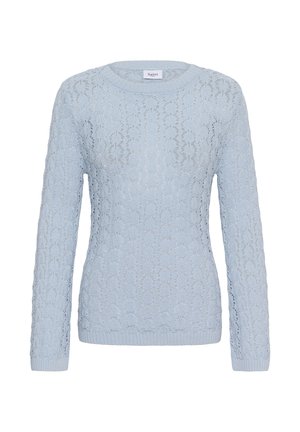 Svijetloplavi džemper dugih rukava od pletenog materijala, s uzorkom cvjetnog čipkastog dizajna i rebrastim rubovima na manšetama i donjem dijelu.