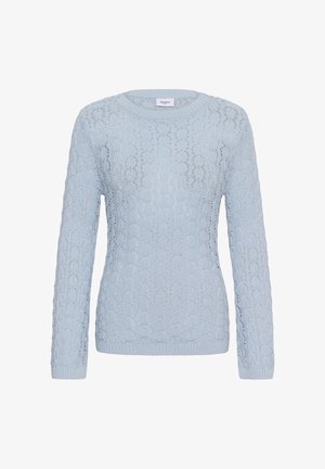 Svijetloplavi džemper dugih rukava od pletenog materijala, s uzorkom cvjetnog čipkastog dizajna i rebrastim rubovima na manšetama i donjem dijelu.