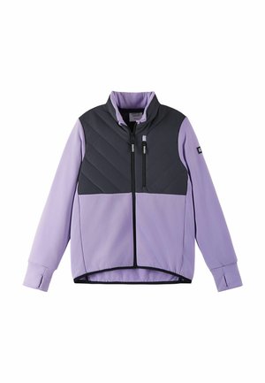 Giacca viola chiaro con una parte superiore nera trapuntata, zip frontale, colletto alto e maniche lunghe. Presenta fori per il pollice nei polsini.