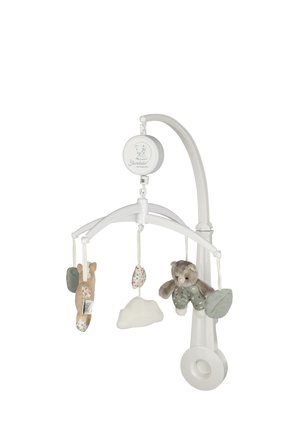 White mobile with plush toys: a rabbit and a bear, plus a cloud. Soft textures, muted colors, and patterned accents create a gentle design.